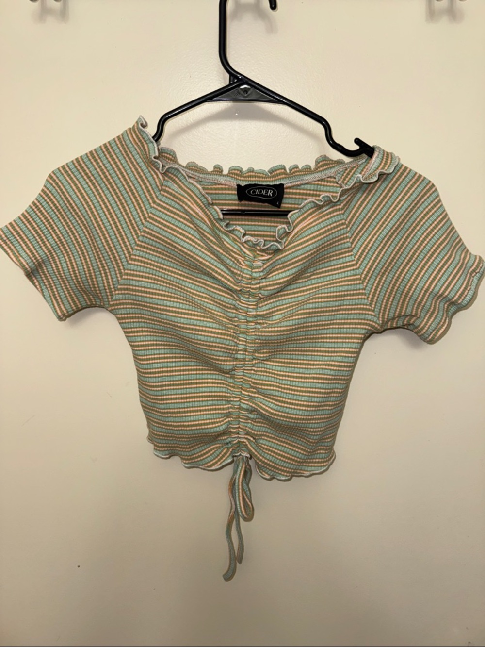 Cider Striped Ruched Crop Top in Mint & Peach Stripe